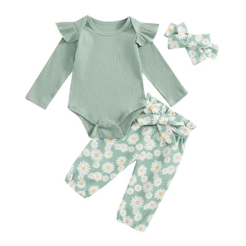 Image of Himllauen 3 Piece Baby Girls Autumn Winter Set Long Sleeve Round Neck Ruffled Ribbed Romper Daisy/Flower Print Long Lacing Trousers + Hair Band Fall Outfits (Green, 9-12 Months)