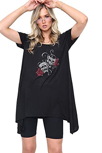 Image of Purple Hanger Womens Ladies New Front Diamante Heart Short Sleeve Scoop Neck Long T-Shirt Black Uneven Hem Top Plus Size (26-28, Black Skull Mask, Numeric_26)