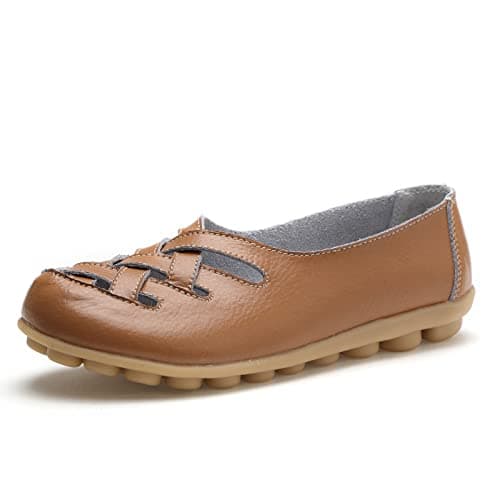 Image of MACHSWON Women's Hollow Out Comfortable Leather Loafers Casual Round Toe Moccasins Wild Driving Flats Soft Walking Boat Shoes Women(Light Brown, Size 7.5)