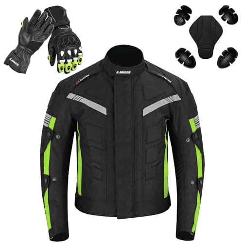 Image of Men’s Motorcycle Jacket 4 Season Cordura Textile Biker Jacket Waterproof Windproof with CE Armor, Air Vents & Removable Thermal Liner With Leather Gloves Set (UK, Alpha, XL, Regular, Regular, Green)