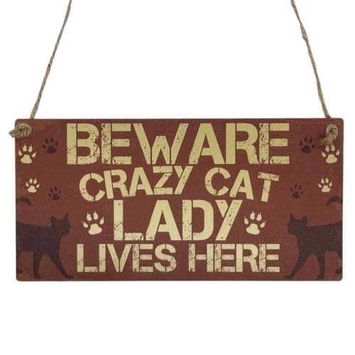 Image of Second Ave Funny Beware Crazy Cat Lady Lives Here Wooden Hanging Rectangle Home Gift Sign Plaque