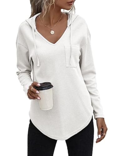 Image of Cuptacc Womens Long Sleeve Tops Uk Knitted Basic Oversized Sweatshirt Waffle V Neck With Drawstring Hoodie For Women With Pocket White XS