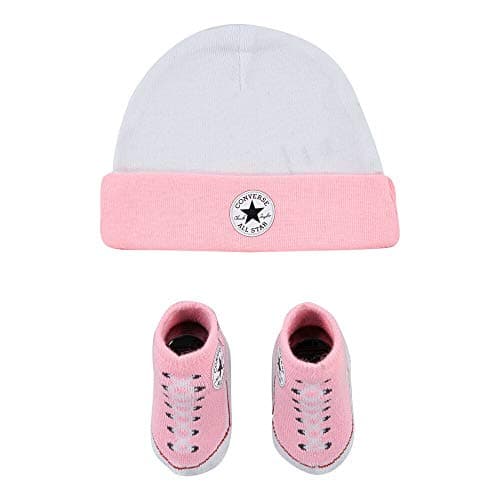 Image of Converse All Star Baby Girls Chuck Taylor Infant Hat and Booties Set Cap, Light Pink(mc0005-a6a)/White, 0-6 Months UK