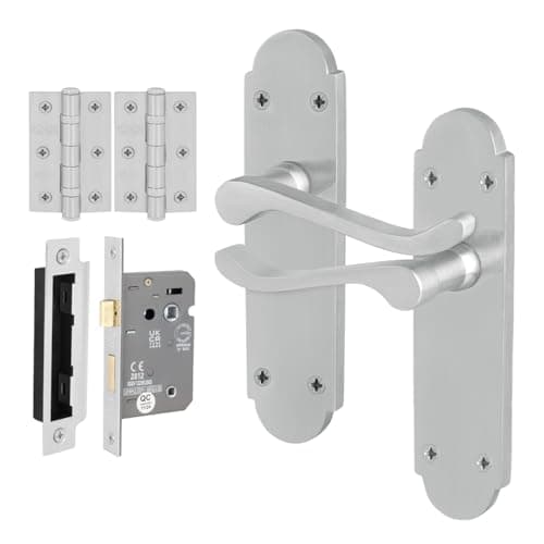 Image of EAI Satin Bathroom Door Handle Set, 1 Pair Internal Satin Chrome Victorian Scroll Shaped Backplate, Hinges and Lock 64mm