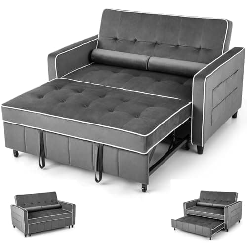 Image of COSTWAY 2-Seater Convertible Pull Out Sofa Bed, Velvet Click Clack Sofa Bed Settee with Adjustable Backrest & Pillows, Upholstered Double Reclining Sleeper Lounge Couch for Living Room Bedroom (Grey)