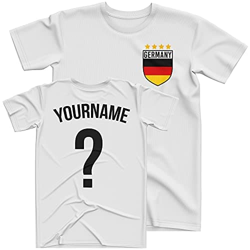 Image of Germany Football Shirt Kids - Germany Flag Badge Custom Name And Number T Shirt - Football Personalised Retro Europe Summer 2021 Footy Gifts For Boy - Unique European Footie Top, 9-11 Years, White