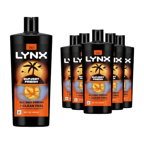Image of Lynx Sunset Fresh XXL 3 in 1 Shower Gel for Men 700ml Pack of 6 Hair Face & Body Wash Mango & Mandarin Scent 12H Sweat & Odour Protection Lynx Shower Gel Multipack