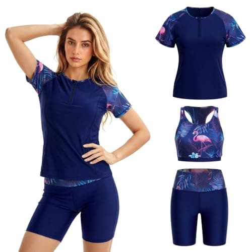 Image of Owntop Women’s 3 Piece Rash Guard Swimsuit Set, Short Sleeve Pullover Top & Tank with Built-in Bra & Knee Length Swim Shorts, UPF 50+ Sun Protection Swimwear, Purple M