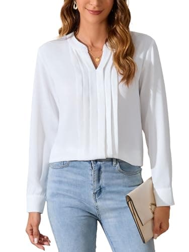 Image of SPRING SEAON Womens Blouse Button Down Long Sleeve Satin Shirts Collared V Neck Elegant Blouses Casual Going Out Tops Office Work for Ladies White