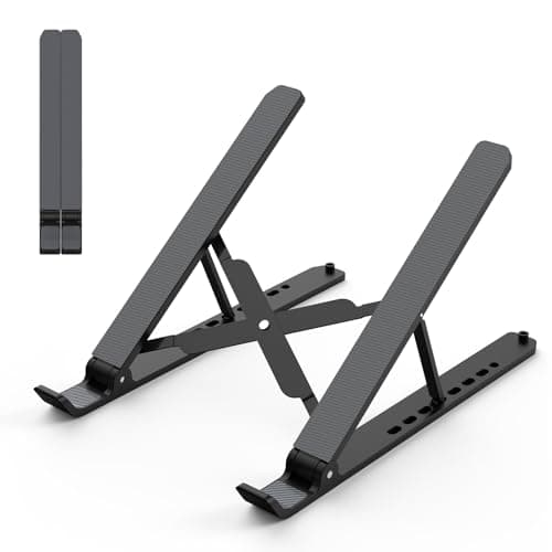 Image of Tonmom Laptop Stand for Desk, Adjustable Laptop Riser ABS+Silicone Foldable Lap Desk Portable Computer Holder, Ventilated Cooling Notebook Stand for 10-15.6” Laptops,Tablet-Black