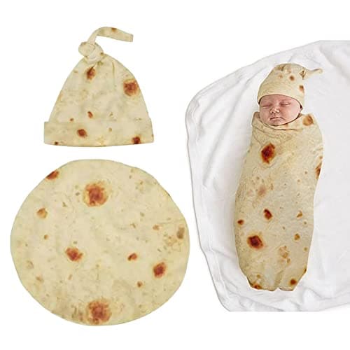 Image of Petyoung Newborn Baby Wrap Burrito Swaddle Blanket with Hat Set, Soft Tortilla Pattern Blanket Gift for Baby Shower
