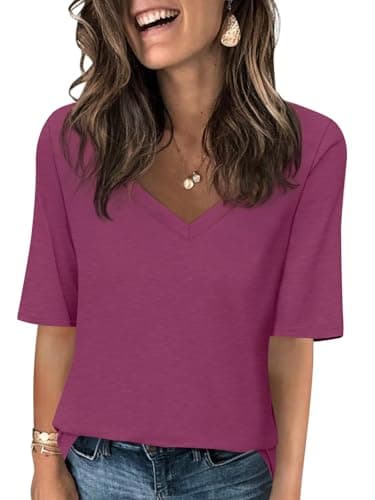 Image of AirMood Women V Neck T Shirts Summer Casual Half Sleeve Tops Loose Fit Tees Tshirt (Purple,M)