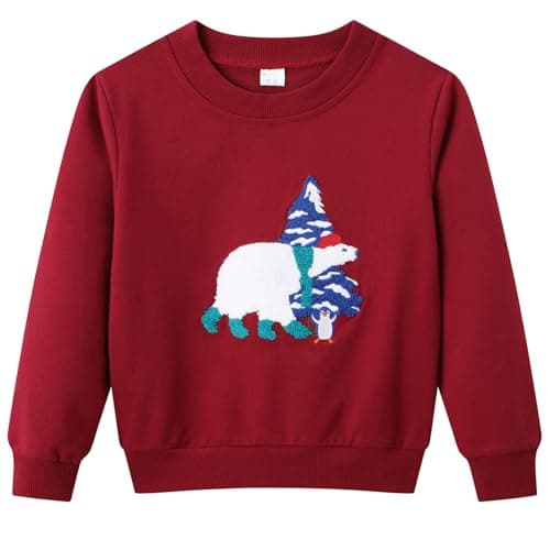 Image of Dinopjs Boys Christmas Jumper, Polar Bear Girls Xmas Sweatshirt, Penguin Tree Pullover, Casual Cotton Long Sleeve Top Tshirt, White Bear Santa Hat Shirt New Year Gift Clothes for Kids 7-8 Years, Red