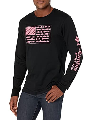Image of Columbia Men's Long Sleeve Tee Shirt Outdoors Fishing Camping Hiking T, Black with Sorbet, Medium