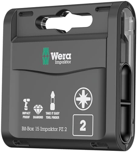Image of Wera Bit-Box 15 Impaktor PZ2 TriTorsion Impact bits, anti cam-out Pozi 2x25mm, 15pc pack, 05057763001(use with 897 4 IMP Holder), Black