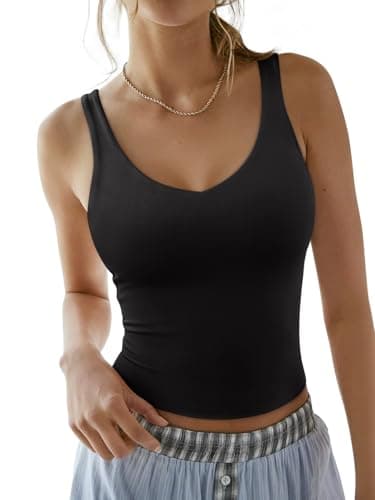 Image of REORIA Tank Tops for Women Double Lined V Neck Sleeveless Casual Basic Trendy Crop Workout Going Out Clothes Black Small