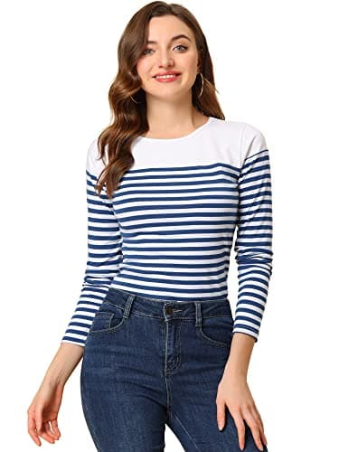 Image of Allegra K Women's Long Sleeve Tops Slim Fit Round Neck Top Spring Fall Trendy Casual Striped Shirt, Blue White, S