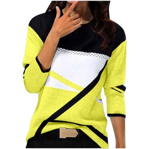 Image of Women's Warm Elegant Printed Crew Neck Comfortable Pullover Long Sleeve Knitted Casual Sweatshirt, Light yellow, S