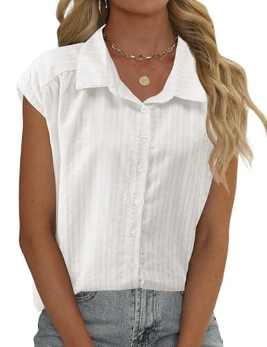 Image of EFFAN Womens White Blouse Cotton Shirts Cap Sleeve Blouses V Neck Summer Buttom Down Shirts Ladies Loose Fit Work Blouse Tops UK, White Stripes, S