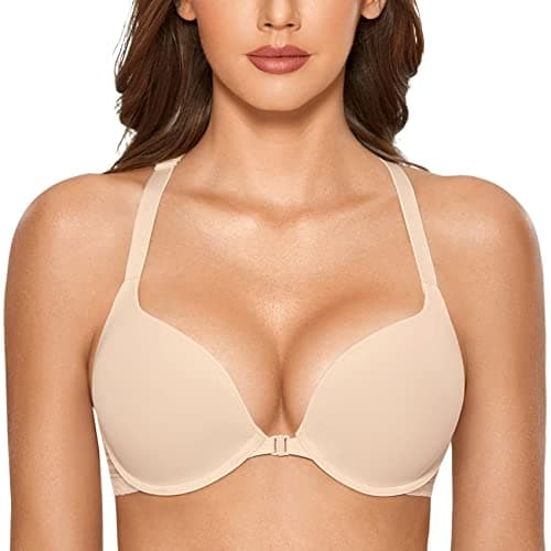 Image of DOBREVA Women's Push Up Bra Front Fastening Bras T Shirt Racer Back Padded Underwired Plunge Bra Beige 32DD