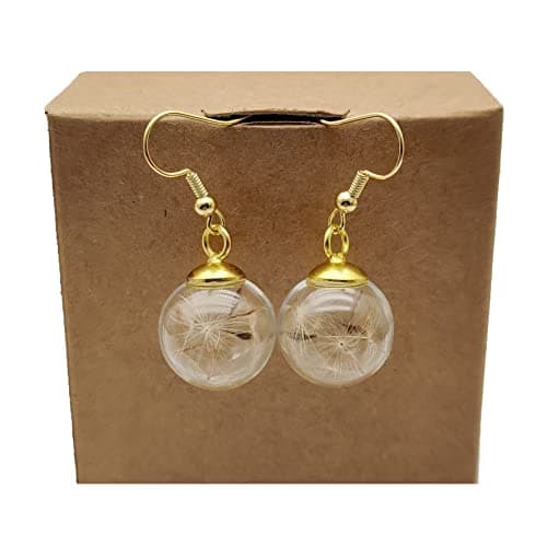 Image of Dandelion Make a Wish Real Flower Glass Ball Gold Pated Drop Dangle Earrings for Women Handmade