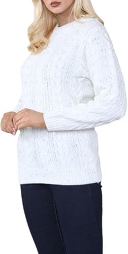 Image of Womens Chain Link Pattern Knitted Jumper, Ladies Casual Winter Long Sleeve Crew Neck Diamond Thick Chunky Cable Thick Knit Sweater Pullover Jumper Tops Sweatshirt, UK Plus Size 8-22, White-8-10