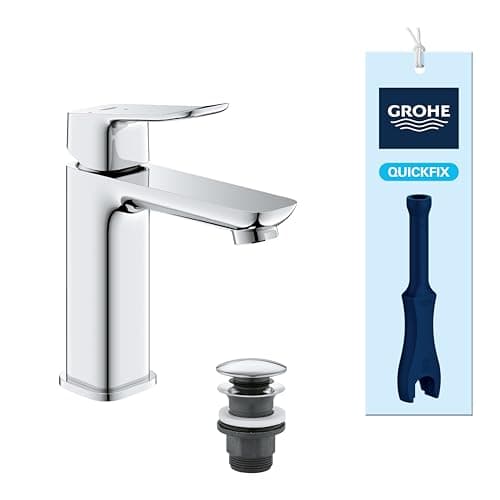 Image of GROHE Dice Single Lever Basin Mixer with Push-Open Waste Set, (M-Size 172mm, 28mm Ceramic Cartridge, Water & Energy Saving, Tails 3/8 Inch, Easy to Fit with the Included QuickTool), Chrome, 1018360000