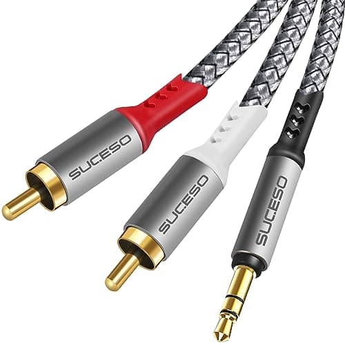 Image of SUCESO Phono to 3.5mm Jack Cable 2x RCA to 3.5mm Male Headphone Mini Jack Stereo Audio Y Splitter Red & White Aux Cord Compatible with Hi-Fi Amplifier Speaker Car DJ Controller TV Phone Turntable - 2M