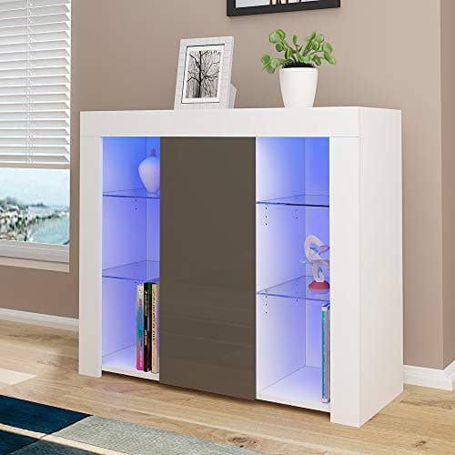 Image of Panana High Gloss Sideboard Cabinet Cupboard Storage Sideboard With 4 Glass Shelves Display Rack Cabinet Unit for Living Room Dining Room Glass Cabinets, With RGB LED Light (White and Grey)