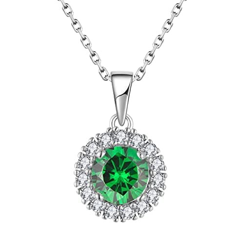 Image of JO WISDOM Women Necklace,925 Sterling Silver Halo Pendant with Chain with 3A Cubic Zirconia May Birthstone Emerald Color for Girl Women