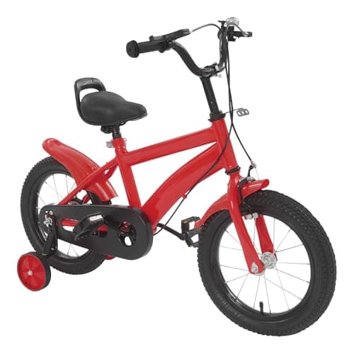 Image of Pinuox 14 Inch Kids Bike for 3-7 Years, Children’s Bicycle with Removable Training Wheels, Adjustable Seat & Handlebars, Carbon Steel Frame, – Girls & Boys Outdoor Cycling (Red)
