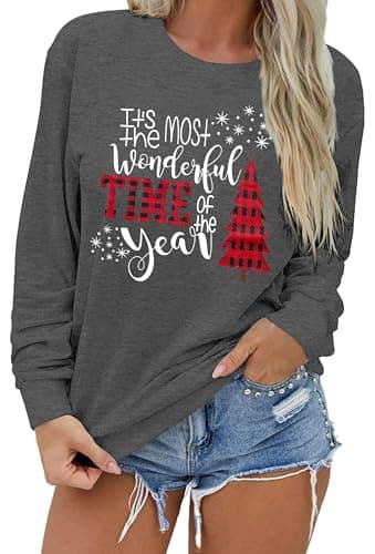 Image of hohololo Christmas Sweatshirts Women Xmas Shirt Christmas Tree Graphics Pullover Holiday Long Sleeve Tops (Grey-a,S)