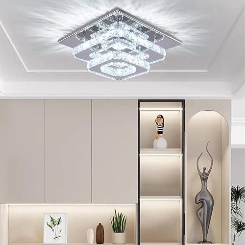 Image of Finktonglan Crystal LED Ceiling Light, Ceiling Crystal Lamp Stainless Steel K9 Modern Flush Mount Lights Fixture Square Chandelier Ceiling Lamp for Dining Room Living Room Bedroom (Cool White)