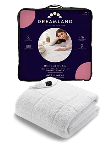 Image of Dreamland Hunker Down Electric Blanket, Double Size, Scandi Sherpa, Fast Heat Up, Premium Heated Fitted Underblanket, 6 Heat Settings, Easy Fit Straps, Machine Washable, Timer, 190 x 137 cm