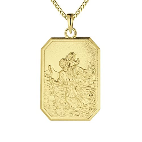 Image of FJ 18ct Gold Plated St Christopher Necklace 925 Sterling Silver for Men Women Saint Christopher Pendant Necklace with 24 Inch Chain (Square)