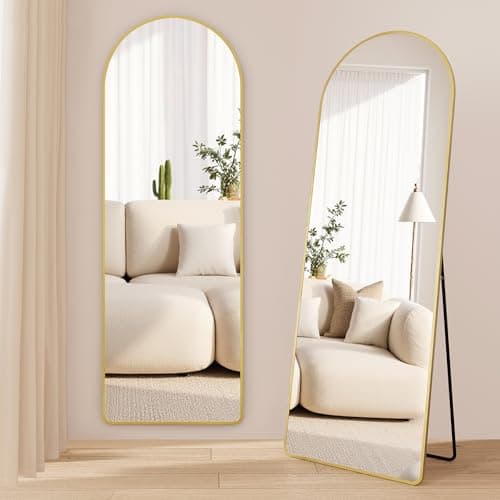 Image of SONGMICS Full Length Mirror, Arched Full Body Floor Mirror with Stand, Aluminium Alloy Frame, Tempered Glass, for Bedroom, Living Room, Cloakroom, Rounded Corner, 160 x 50 cm, Pale Gold LFM051AB01