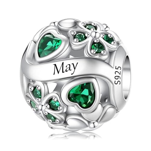 Image of HappyStar 925 Sterling Silver Four Leaf Clover with Cubic Zirconia Bead Charm Birthstone Charms for Bracelets Dangle Pendant Compatible Pandora Bracelets Lucky Charm Birthday Gift