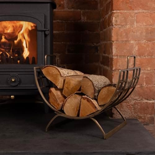 Image of CHARLES BENTLEY Snug Antique Gold Coloured Log Holder, Metal, Curved, Metal Handles, Wood Holder, Rustic, Fireside Storage, Kindling, Wood Rack, Fireplace, Traditional Style, U Shaped (35x31x41cm)
