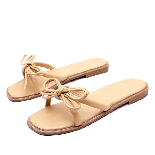 Image of INNERSECT CO Women's Bow Decor Flat Slide Sandals - Open Toe Square Toe Casual Summer Slippers for Beach & Daily Wear (NUDE, Adult, Women, 6, Numeric, UK Footwear Size System, Medium)