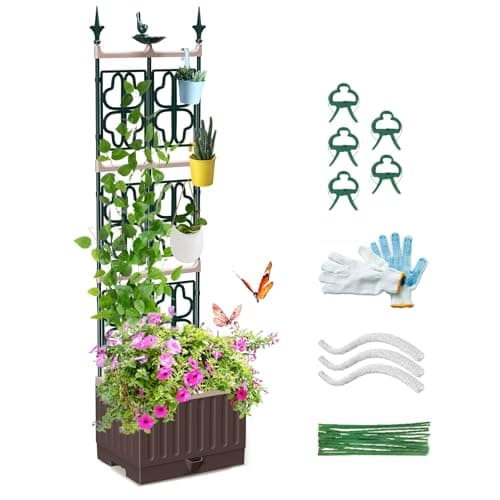 Image of MQJIAZHI Raised Garden Bed with Metal Trellis,142CM Self-Watering Raised Garden Planter, Outdoor Plant Planter with Trellis for Climbing Plants, Flowers, Vegetables