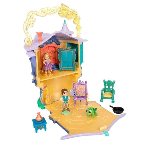 Image of Disney Store Official Rapunzel Doll House, Tangled, 14cm / 5.5", Once Upon a Story Playset Includes Rapunzel's Tower, Flynn Rider, Pascal, Toy Guitar and Furniture, for Age 3+