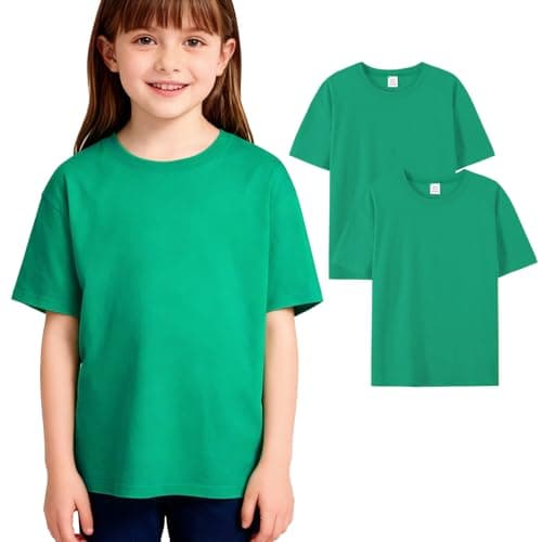 Image of Dinopjs Kids Plain Tshirt, Boys & Girls Solid Color T Shirt, School PE T-Shirts Unisex, Short Sleeve Tops, Team Uniform, Sports Tee Shirts, Casual Children Clothes for 8-9 Years, Green (2 Pack)