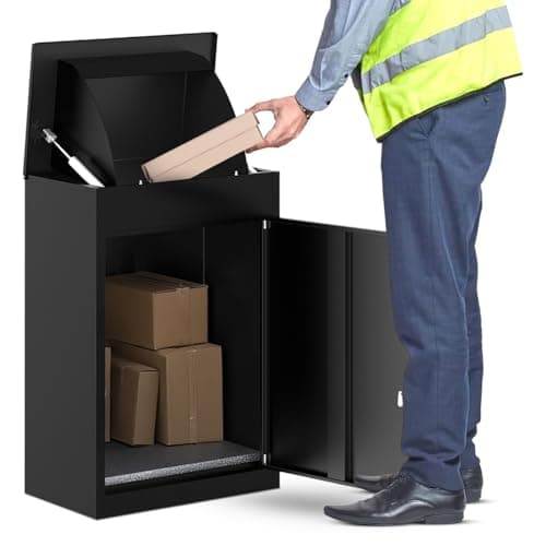 Image of BELOFAY Wall or Floor Mounted Parcel Box, Lockable Outdoor Parcel Delivery Box, Weatherproof Steel Drop Box with Flip Lid & Secure Front Door Access, Black, 30D x 50W x 75Hcm