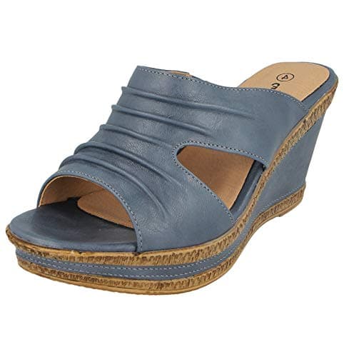 Image of Ladies Leather Lined Peep Toe Mid Wedge Mule Sandals (Blue, Numeric_4)