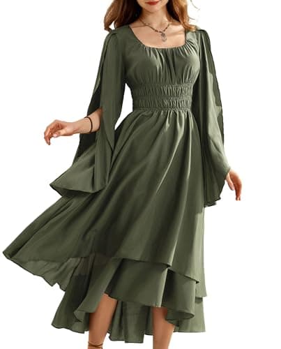 Image of SCARLET DARKNESS Medival Corset Dress for Women UK Vintage Elasitc Smocked Waist Country Dress Olive Green M