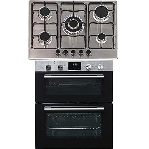Image of SIA 60cm DO111SS Stainless Steel Electric Double True Fan Oven & 70cm SSG702SS 5 Burner Gas Hob with Enamel Pan Stands