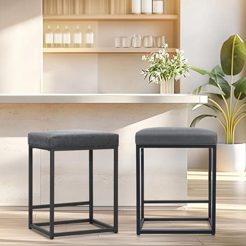 Image of ALPHA HOME Set of 2 Bar Stools, Counter Height Bar Stools with Footrest, Breakfast Chair of Pu Leather Backless, Kitchen Dining Cafe Stool for Indoor and Outdoor, Grey