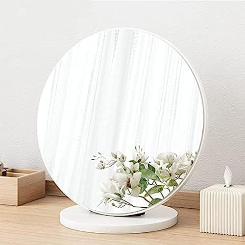Image of Tabletop Wooden Vanity Mirror, 90° Adjustable Round Dressing Table, High-Definition Portable Desk Mirror in White, 30cm
