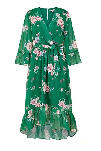 Image of Yumi Green Floral Wrap Dress with Dipped Hem 12 Green