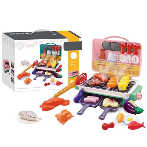 Image of Kids BBQ Grill Playset,My First BBQ Grill,29pcs Kitchen Toy Set With Spray Sound & Color-Changing Food,Christmas Giftsfor Toddlers Boys Girls (Pink)